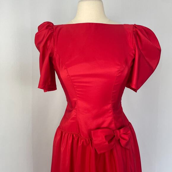 Vintage Formal Dress Size 8 Red Puff Sleeve A Line Bow Prom Romantic 80s 90s - Picture 3 of 16